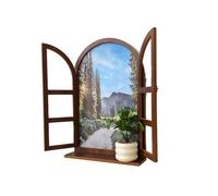 ZZHYTANG Déco Murale Fausse fenêtre Arche avec Tablette, Paysage Vintage | Cadre vintage en arche, volets ouvrants, paysage intégré et tablette inférieure. Bois massif, crochets préinstallés(J)