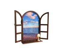 ZZHYTANG Déco Murale Fausse fenêtre Arche avec Tablette, Paysage Vintage | Cadre vintage en arche, volets ouvrants, paysage intégré et tablette inférieure. Bois massif, crochets préinstallés(A)