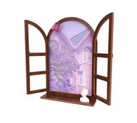 ZZHYTANG Déco Murale Fausse fenêtre Arche avec Tablette, Paysage Vintage | Cadre vintage en arche, volets ouvrants, paysage intégré et tablette inférieure. Bois massif, crochets préinstallés(I)