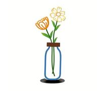 ZZHYTANG Metal Flower in Vase Desktop Ornament, 2D Flat Iron Art Silhouette Tabletop Decor for Office Desk Shelf Shelf - Space-Saving Minimalist Home Decoration(Blue Bottle)