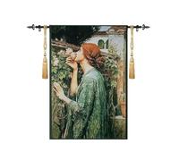 ZZHYTANG Tapisserie Belge tissée Coton, Art Mural Vintage Femme à la Rose 95×140cm déco Villa Salon entrée(Tapestry - Rod - Tassels)
